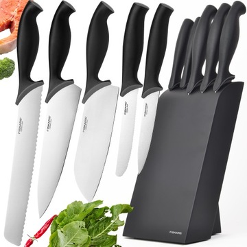 НАБОР ИЗ 5 КУХОННЫХ НОЖЕЙ FISKARS В ДЕРЕВЯННОМ БЛОКЕ, ОСТРЫЕ, ЧЕРНЫЕ