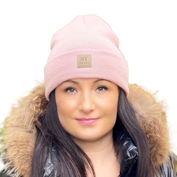 Czapka Ciepła Damska Beanie Zimowa Wywijana Dwuwarstwowa Różowa KOLORY