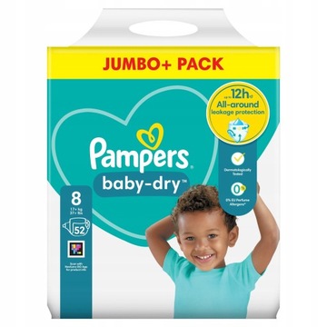 Pieluszki Pampers rozmiar 8 Baby Dry 52 sztuki UK