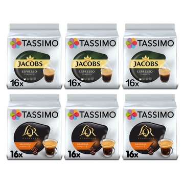 Kapsułki Tassimo Jacobs i L'OR, 96 kaw espresso 6 opakowań