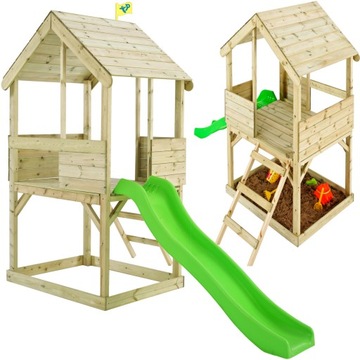 ДЕРЕВЯННЫЙ САДОВЫЙ ДОМИК ДЛЯ ДЕТЕЙ НА КАЧЕСТВЕ, ГОРКА, ПЕСОЧНИЦА, БАШНЯ