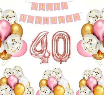 BALONY ZESTAW NA 40 URODZINY RÓŻOWO ZŁOTY