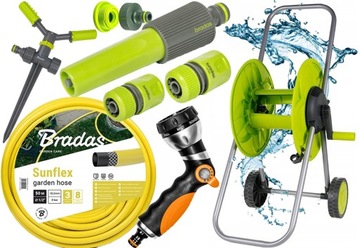 ZESTAW WÓZEK WĄŻ OGRODOWY SUNFLEX 1/2 50m BĘBEN NAWIJAK PISTOLET ZRASZACZ
