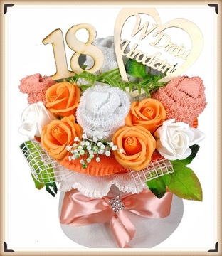 BUKIET z RĘCZNIKÓW PREZENT na 18 URODZINY DUŻY RÓŻE MYDLANE osiemnastkę