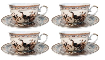 Zestaw 4 szt FILIŻANKA SPODEK BRĄZOWE PAWIE do kawy i herbaty Porcelana