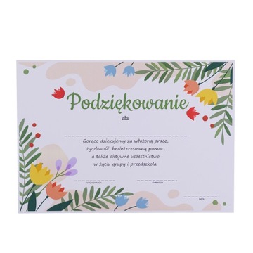 DYPLOM PODZIĘKOWANIA DLA RODZICÓW KOLOROWY BUKIET PRZEDSZKOLE A4