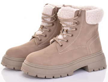 DAMSKIE BOTKI ZIMOWE TRAPERY BUTY OCIEPLONE BRĄZOWE SKÓRZANE