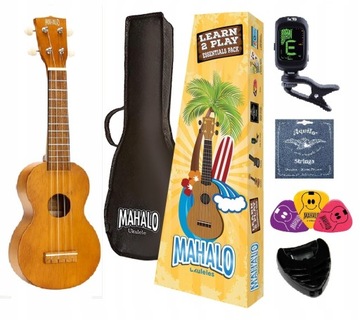 Ukulele sopranowe drewniane dla dzieci ZESTAW brąz