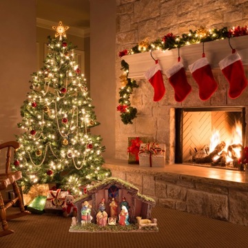 Большой рождественский вертеп, статуэтки, Святое семейство, конюшня под елкой