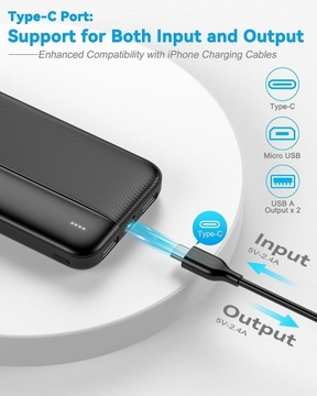 Power Bank 10000 мАч USB-C, MICRO USB, 2 x USB