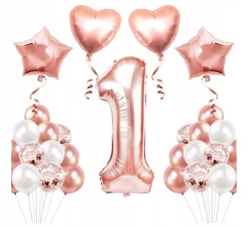 Zestaw różowe balony pierwsze urodziny roczek hel cyfra 1 jeden rose gold