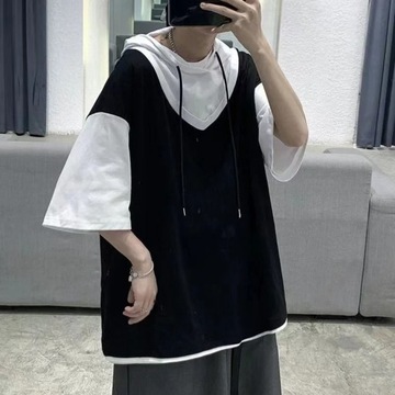 Summer Fake Two Piece Men Short Sleeve Hooded Pull