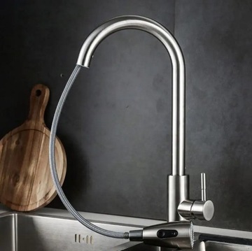 КУХОННЫЙ смеситель из МАТОВОГО НИКЕЛЯ INOX, ВЫДВИЖНЫЙ ИЗЛИК, ВЫСОКИЙ ПОВОРОТ