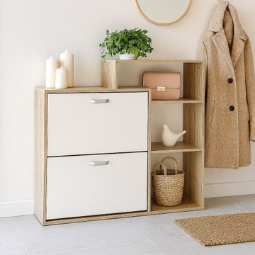 УЗКИЙ ШКАФ ДЛЯ ОБУВИ, БЕЛЫЙ, ДУБ СОНОМА, С ПОЛКАМИ ДЛЯ ПРИХОЖЕЙ