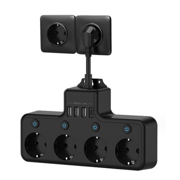 Listwa zasilająca z wtyczką EU, 1 porty typu C z 3 portami USB, elektryczne czarne