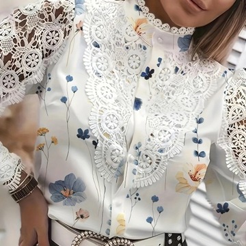 Elegancka bluzka z koronkowymi rękawami koszula Damska w kwiaty stójka