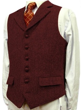 Mens Suit Brown Vest Lapel Wool Herringbone Retro