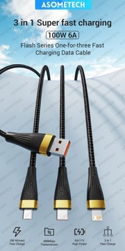 KABEL 3w1 Szybkie ładowanie USB 6A 100W 2 metry Mocny Oplot Szybki
