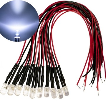 DIODY LED 12V 3mm BIAŁE ZIMNE - przewody o długości 20cm | komplet 10 SZT