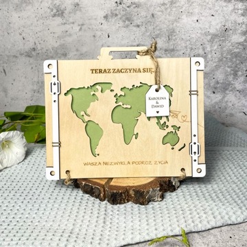 DREWNIANA KARTKA ŚLUBNA WALIZKA NA PIENIĄDZE ŚLUB WESELE PREZENT PAMIĄTKA Z