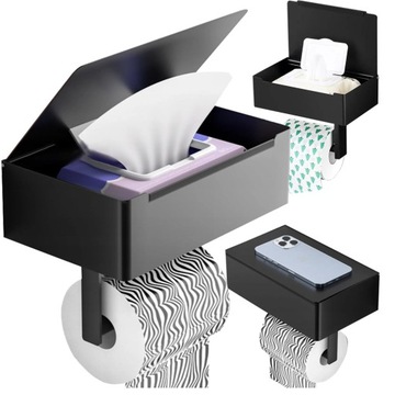 UCHWYT NA PAPIER TOALETOWY Z POJEMNIKIEM NA CHUSTECZKI PÓŁKĄ CZARNY LOFT WC