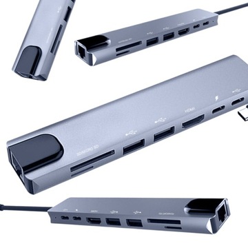 ADAPTER HUB 8w1 USB-C HDMI RJ45 ETHERNET KARTA PAMIĘCI SD KARTA SIECIOWA