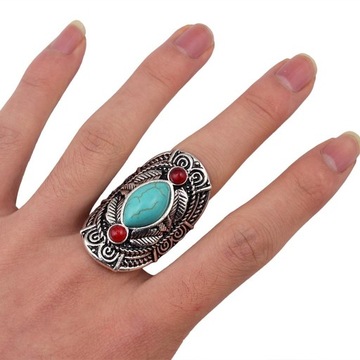 Piękny pierścionek w stylu vintage Bohemia z turkusowym kamieniem Pierścień łączący regulowany srebrny