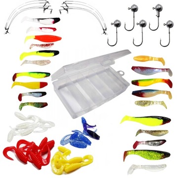 ZESTAW PRZYNĘT SPINNINGOWYCH PUDEŁKO 56 elementów PREZENT dla wędkarza