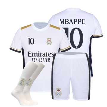 MBAPPE REAL strój koszulka spodenki + getry BIAŁY rozmiar 160