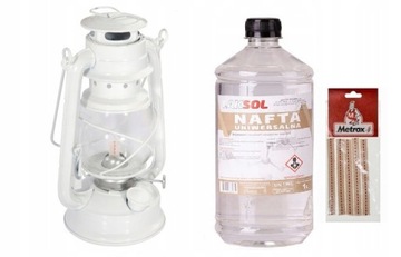 BIAŁA LAMPA NAFTOWA 24CM + NAFTA 1L + KNOT24CM