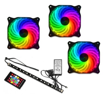 Zestaw IBOX 3 wentylatory LED RGB + Listwa LED RGB magnetyczna + Pilot