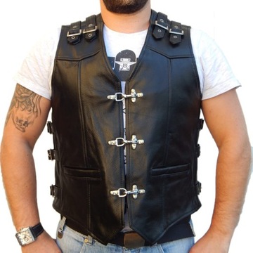 KAMIZELKA MOTOCYKLOWA SKÓRZANA KLAMRY BLACK 6XL