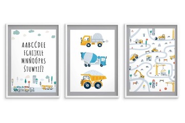 Zestaw Plakatów dla dziecka Alfabet Auta Dziecięce Obrazy dla Chłopca 50x70
