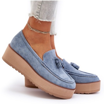 MOKASYNY DAMSKIE NA PLATFORMIE Z FRĘDZLAMI NIEBIESKIE 40