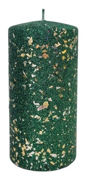 ŚWIECA ozdobna GLAMOUR 14cm ZIELONA BROKATOWA ZŁOTE DROBINKI ARTMAN walec