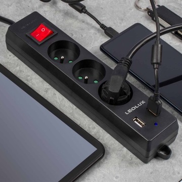 УДЛИНИТЕЛЬНАЯ полоса 3м 3 розетки + 2x USB LEDLUX