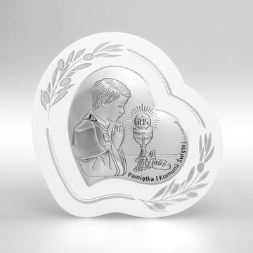 Srebrny obrazek XL na Komunię Serce Pamiątka dla chłopca z grawerem 999,99