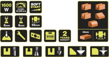 ЭЛЕКТРИЧЕСКИЙ ФРЕЗЕРНЫЙ СТАНОК RYOBI +35 ФРЕЗ ПОДШИПНИКОВ RRT1600-K