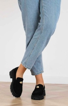 MOKASYNY CZARNE ZAMSZOWE PÓŁBUTY NA PLATFORMIE 40