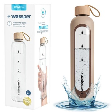 Butelka Szklana Bidon Motywacyjny Wessper Activemax 1000ml + etui beżowe