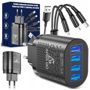 SZYBKA ŁADOWARKA DO TELEFONU KOSTKA 4X USB SZYBKIE ŁADOWANIE I KABEL 3W1