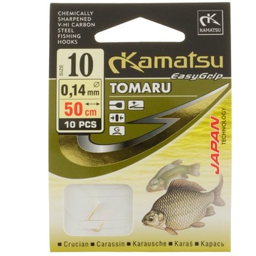 Haczyki Kamatsu TOMARU nr 10 Gold z przyponem 50 cm 10 sztuk lin karaś