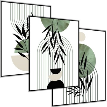 3 x PLAKAT 21X30 A4 GEOMETRYCZNE KSZTAŁTY KWIATY ZIELONE ZIELEŃ BEŻOWE ŁUK