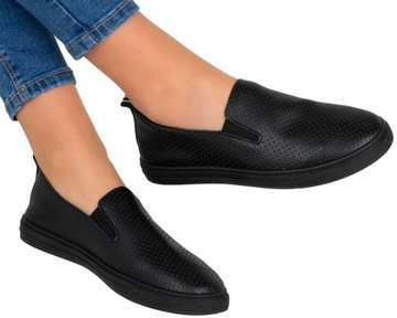 TRAMPKI CZARNE TENISÓWKI AŻUROWE SLIP ON WSUWANE WYGODNE 38