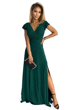 Maxi połyskująca suknia z kopertowym dekoltem i rozcięciem na nodze-zielona