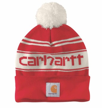 Kolorowa Zimowa Czapka Carhartt Knit Pom-Pom Cuffed Logo / Red Winter White