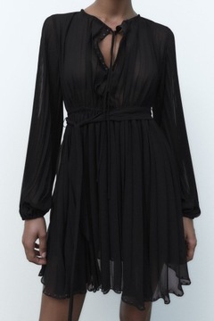 Sukienka czarna elegancka wizytowa ZARA dżety plisowana plisy 34/36 XS/S