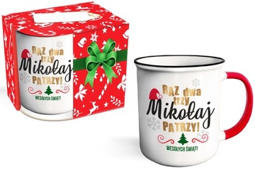Kubek RAZ DWA TRZY MIKOŁAJ PATRZY, Prezent pod Choinkę na ŚWIĘTA, Mikołajki