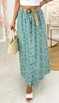 ZWIEWNA DŁUGA SPÓDNICA BAWEŁNIANA MAXI DO KOSTEK W KWIATKI LATO BOHO PASEK