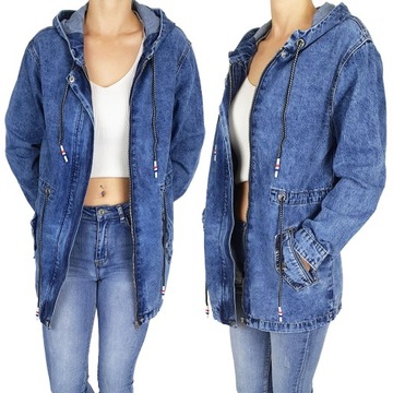 #KATANA JEANSOWA KURTKA DAMSKA DŁUGA Parka Kaptur#